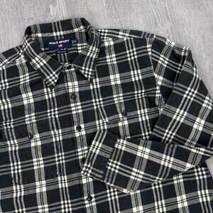 Polo Ralph Lauren Sport Flannel Shirt Men XL Thick Heavy Black White Plaid EUC
